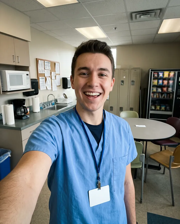 Radiography student taking a selfie in scrubs at clinicals