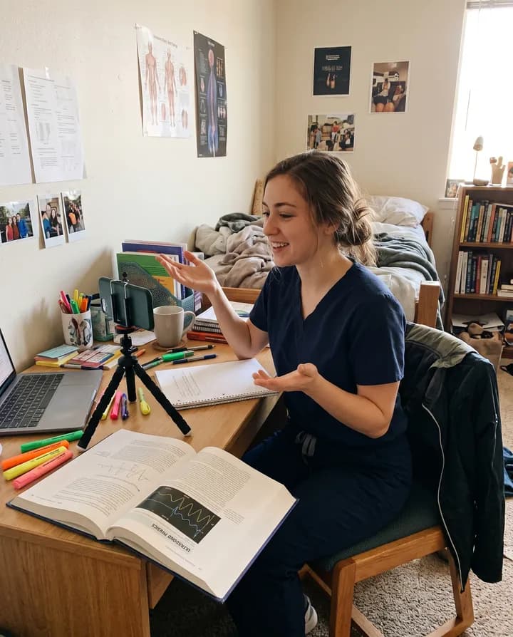 Sonography student filming a study video at her desk