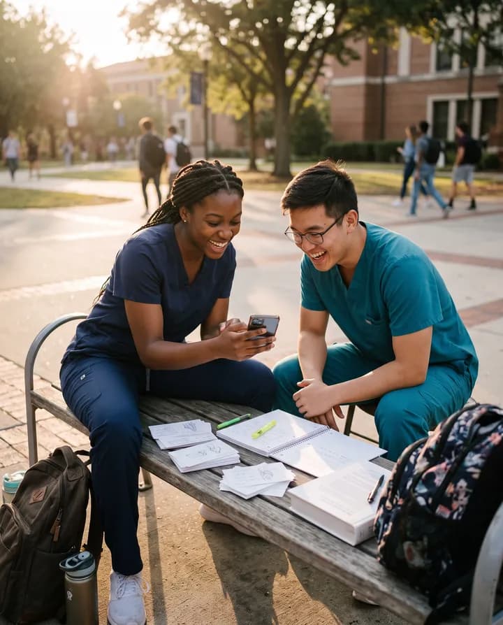 Two imaging students studying together on campus