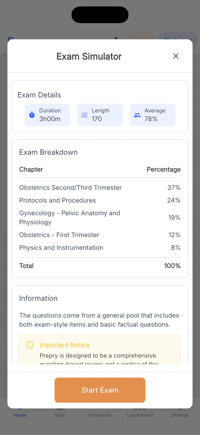 Mock exam setup showing 3-hour duration, 170 questions, and chapter breakdown