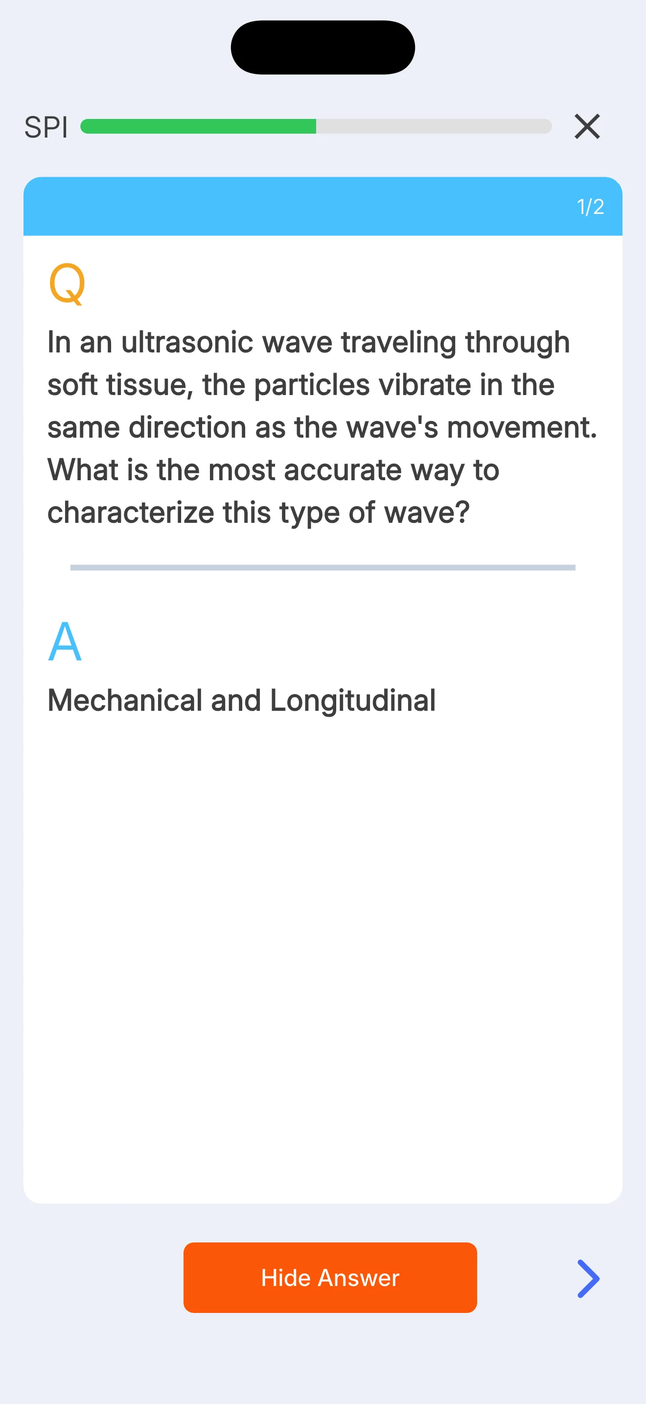 Flashcard showing SPI question about ultrasonic waves with answer revealed
