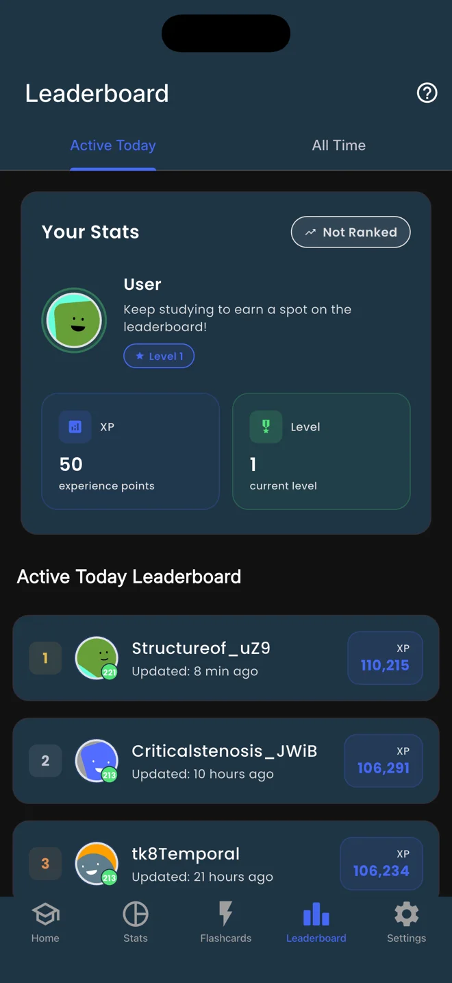 Leaderboard showing top students
